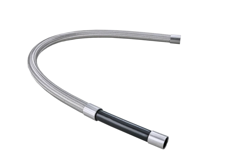 Anti-static PTFE hose with conductive black liner and stainless steel braid for fuel and chemical transfer.