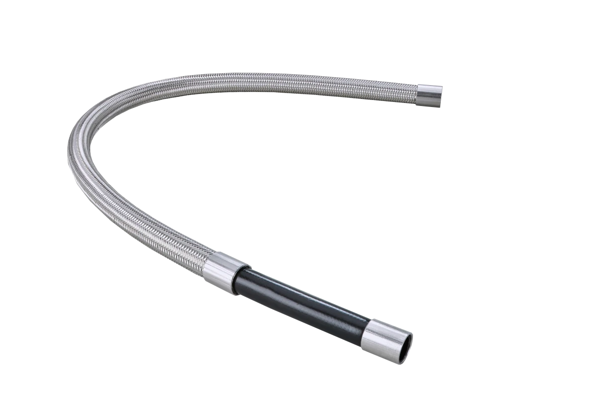 Anti-static PTFE hose with conductive black liner and stainless steel braid for fuel and chemical transfer.